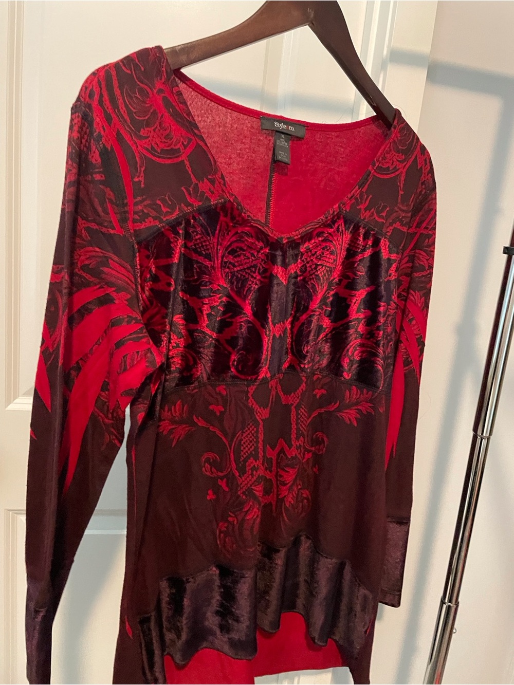 Style & Co. Red and Black Velvet-Accent V-Neck Long Sleeve Top